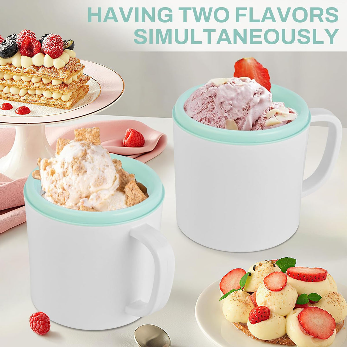 Pukomc Ice Cream Maker Machine for Home Use, with Two Ice Cream Bowls,Simple Operation and Easy to Clean,White Green