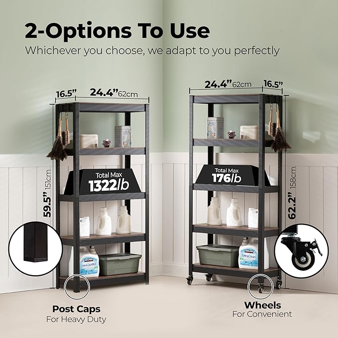 HOMEDANT House 5-Tier Metal Rolling Cart Shelf Rack Casters Heavy Duty Wheel Shelving Unit Adjustable Utility Storage Shelves Organizer Shelf Kitchen Garage 24.4" W x 16.5" D x 62.2" H 10Pack