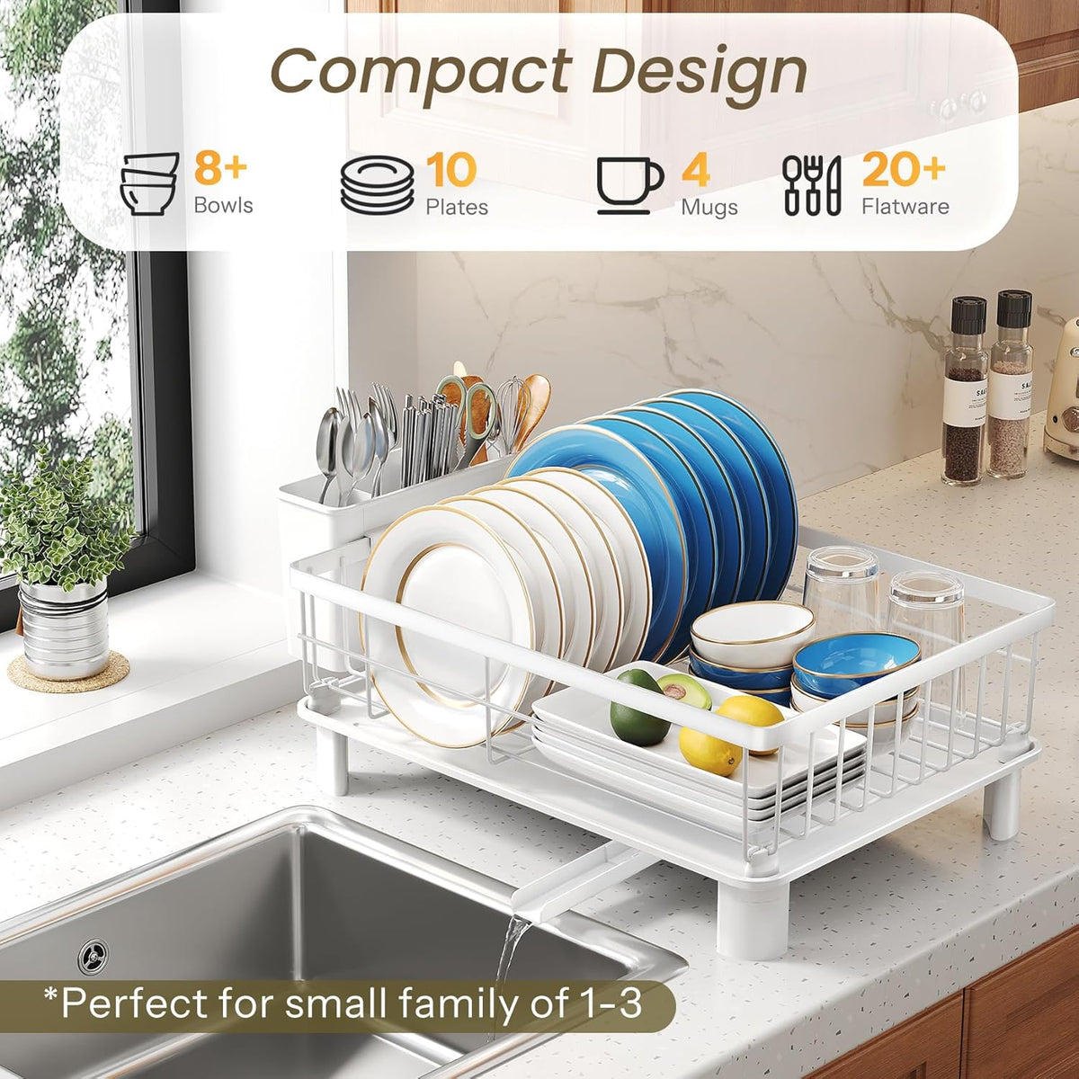 Dish Drying Rack - Small Dish Rack for Kitchen Counter, Stainless Steel Dish Drainer with Utensil Holder and Drainboard (White)