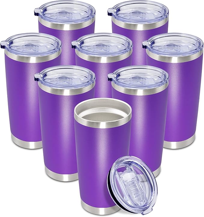 20 oz Tumbler Coffee Travel Tumblers Bulk with Lid Stainless Steel Double Wall Vacuum Insulated Mug Powder Coated Cups fit Car Cupholder for Hot and Cold - Purple, 8Pack