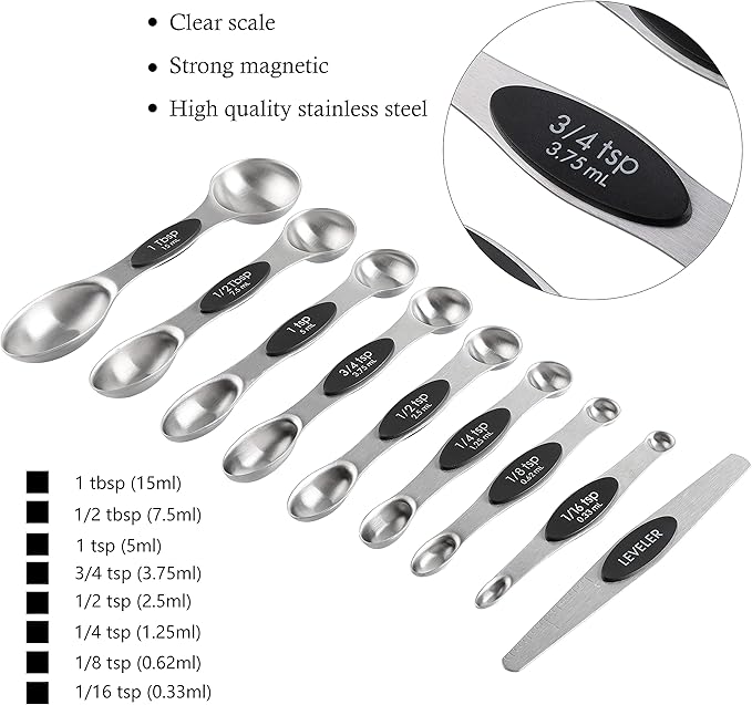 Measuring Cups and Spoons Set Stainless Steel Includes 8 Heavy Duty Measuring Cups 8 Double Sided Magnetic Measuring Spoons and 1 Leveler for Dry and Liquid Ingredients