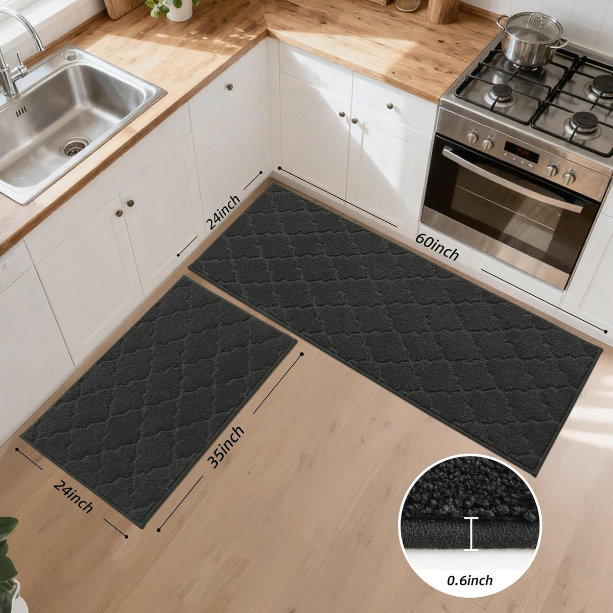 JSEI Kitchen Rugs, Non-Slip Kitchen Mats for Floor, Soft Washable Absorbent Kitchen Mats 2 Pieces, Kitchen Carpet Runner with TPR Backing, Polyester, 24”x36”+24”x60”, Black