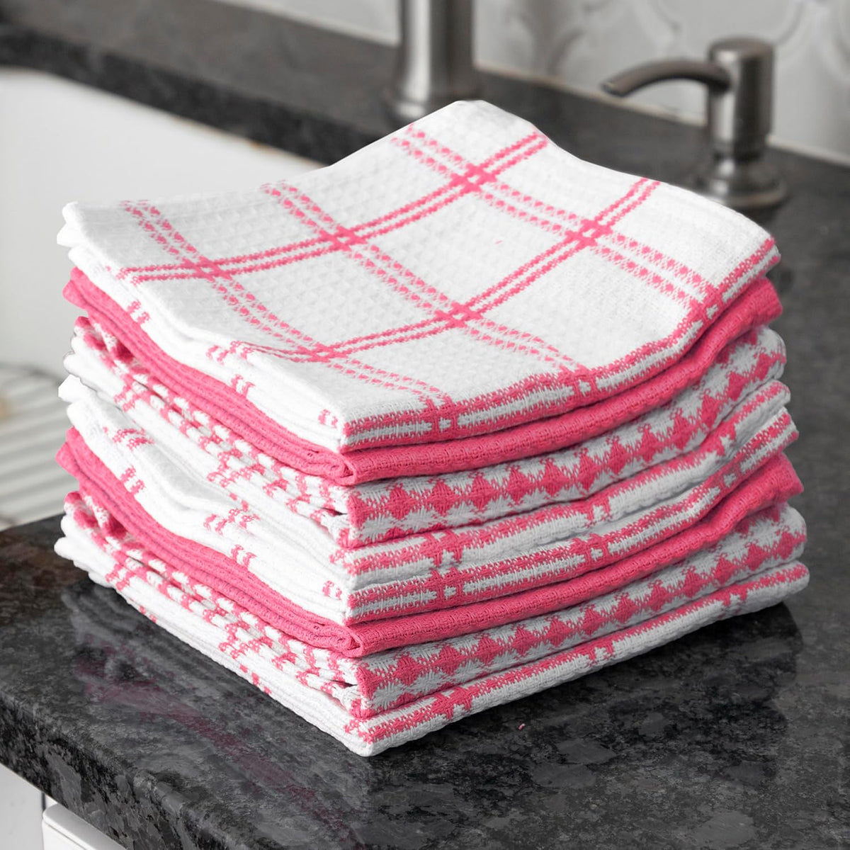 T-Fal Premium Waffle Dish Cloths: Highly Absorbent, Super Soft Long Lasting - 100% Cotton, 12"x13" Flat Waffle Dish Towel for Cleaning & Drying Dishes, (8-Pack), Pink