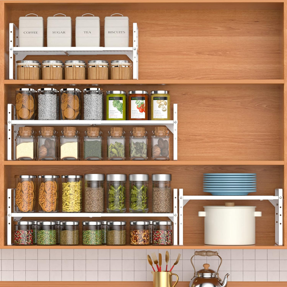 iPEGTOP 2 Pack Large Expandable Cabinet Storage Shelf, Heavy Duty Stackable Steel Metal Spice Rack Adjustable Height Home Office Pantry Garage Shelves for Counter Kitchen Organization, White