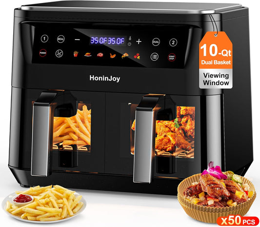 10QT Large Dual Basket Air Fryer with Viewing Window and 50pcs Paper Liners, 10-in-1 Digital Touchscreen Double Zone Air Fryers, SyncCook to Bake,Roast,Reheat,Broil, Nonstick Dishwasher Safe