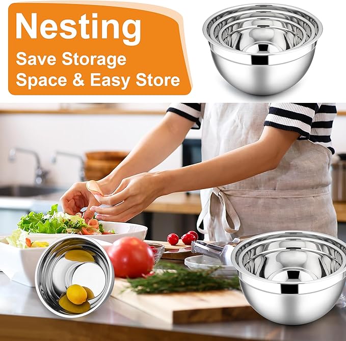 E-far Mixing Bowls with Lids, 6-Piece Stainless Steel Salad Bowls Metal Nesting Bowls for Baking Cooking and Prepping, Airtight Lids & Stackable Design, Size 4.5, 3, 1.5 QT (Colorful)