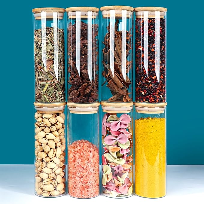 Glass Food Storage Containers Jars with Airtight Bamboo Lid 14 oz 10 pcs, 450 ml Pantry Organization Jar, Glass Terrarium with Lid, Spice, Flour and Sugar Container, Canister Set for Kitchen Counter