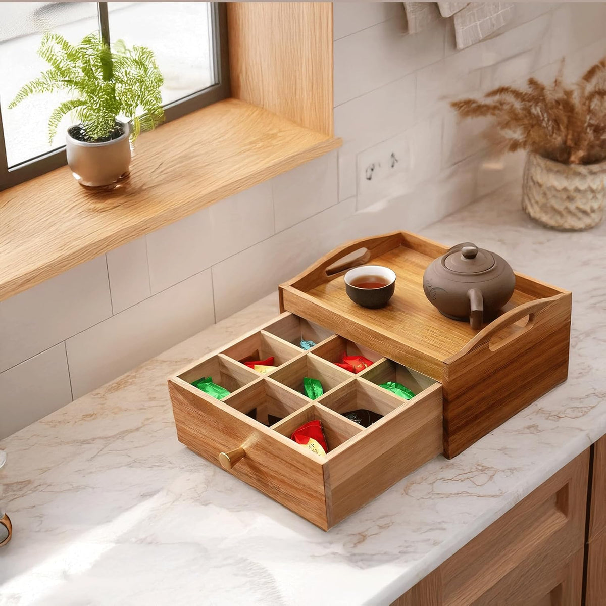 Tea Bag Holder Organizer, Tea Storage Organizer, Acacia Wood Drawer Interior 9 Grids & Teapots and Cups Can Be Placed on Top 10.4"X8.3"X5.4" Storage Box for Kitchen Countertop Organizer