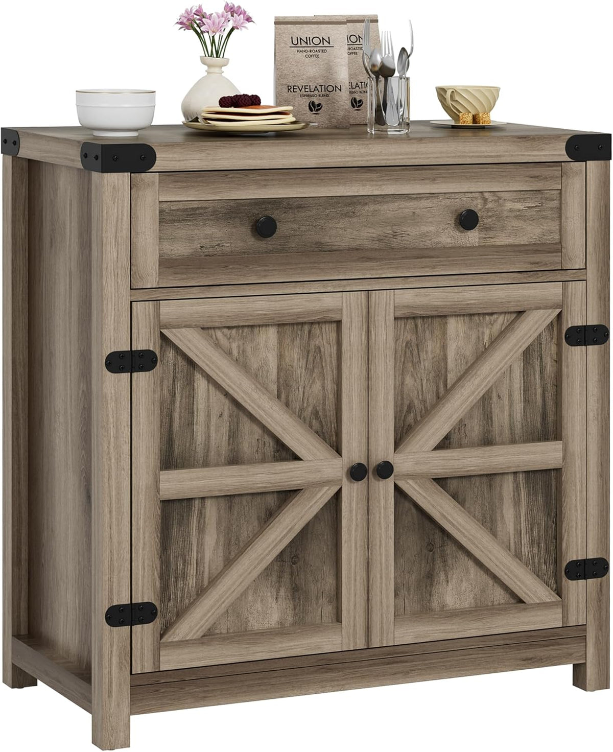 YESHOMY Farmhouse Coffee Bar Cabinet Sideboards, with Barn Doors, Spacious Drawer, Adjustable Interior Shelf, Generous Top Surface, for Kitchen, Bathroom, Entryway, Living Room, Pure Rustic