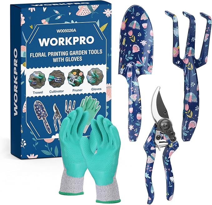 WORKPRO Aluminum Garden Tool Set, 4PCS Heavy Duty Hand Garden Tools with Box Include Trowel, Rake, Pruner, Garden Gloves, Floral and Insect Printing, Garden Gifts