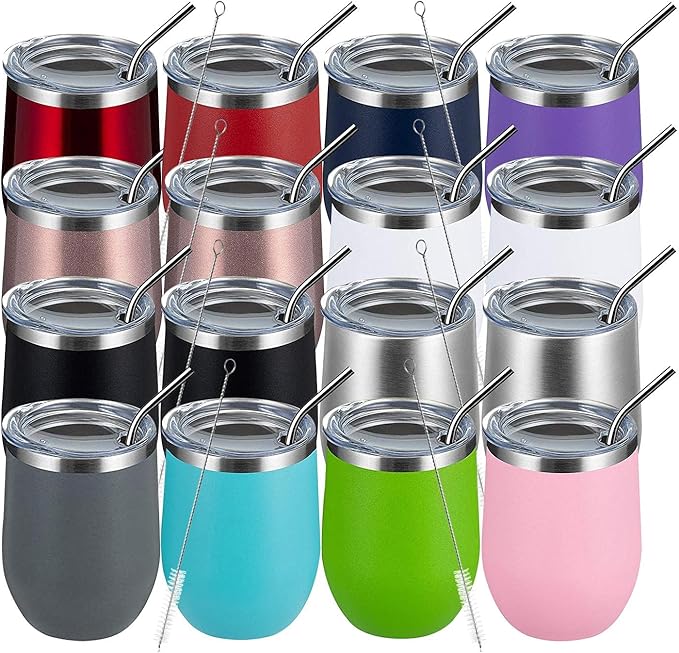 MEWAY 12oz Wine Tumbler Mix Color 16 Pack Bulk Gifts for Women, Vacuum Stainless Steel Travel Mug with Lid,Insulated Stemless Wine Cup Glass for Coffee,Cocktails,Drinks(Mix,Set of 16)