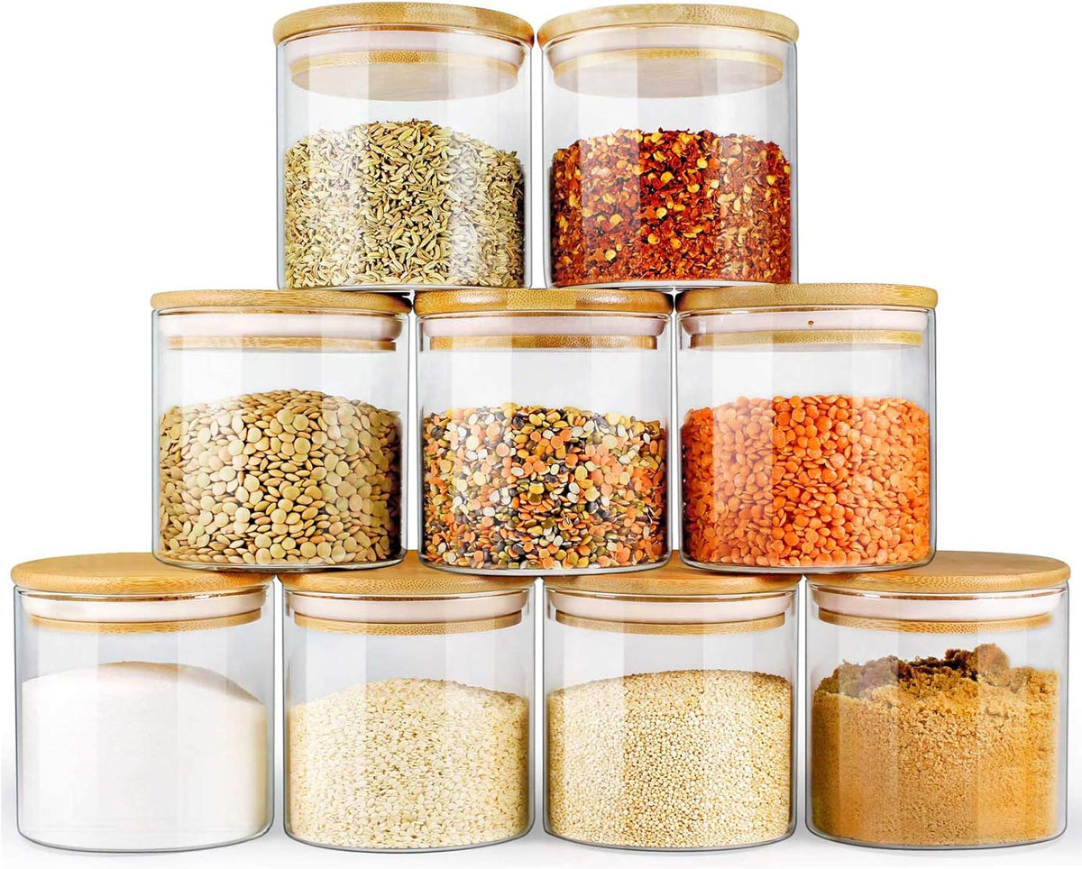Glass Jars with Bamboo Lids (16oz in 9 Pack), Food Jars and Canisters Sets with lids, Food Storage Jars with Airtight Lids, Glass Pantry Jars