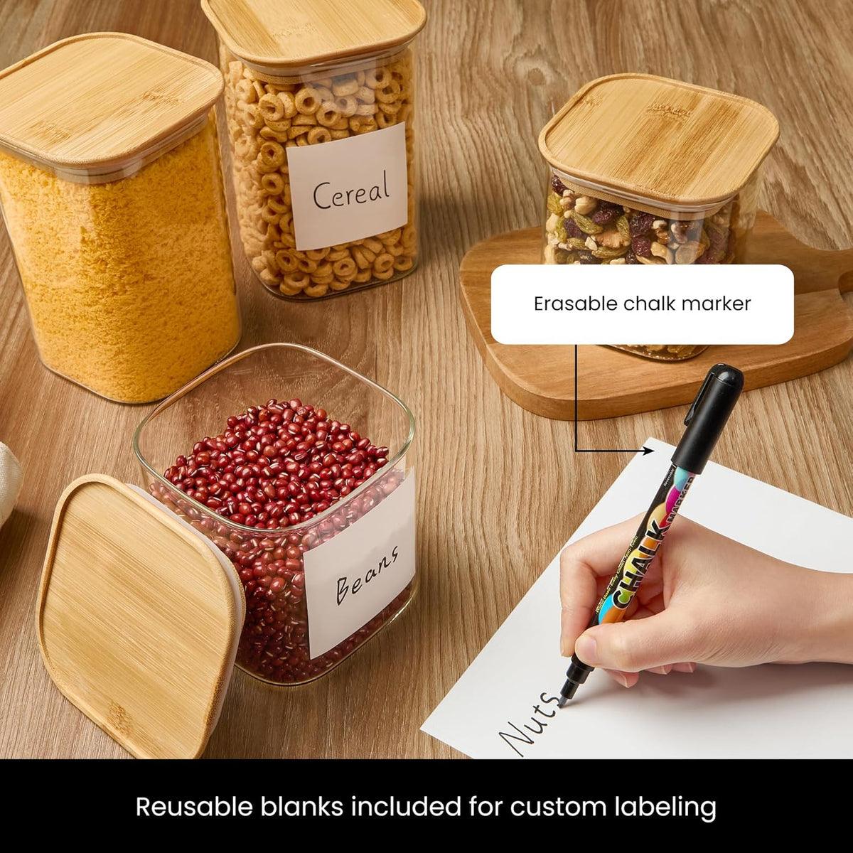 Talented Kitchen Square Glass Food Storage Containers - Airtight & Labeled Glass Kitchen Storage Containers - Space-Saving Stackable Square Pantry Jars - Pack of 6, 24/37/51 fl oz