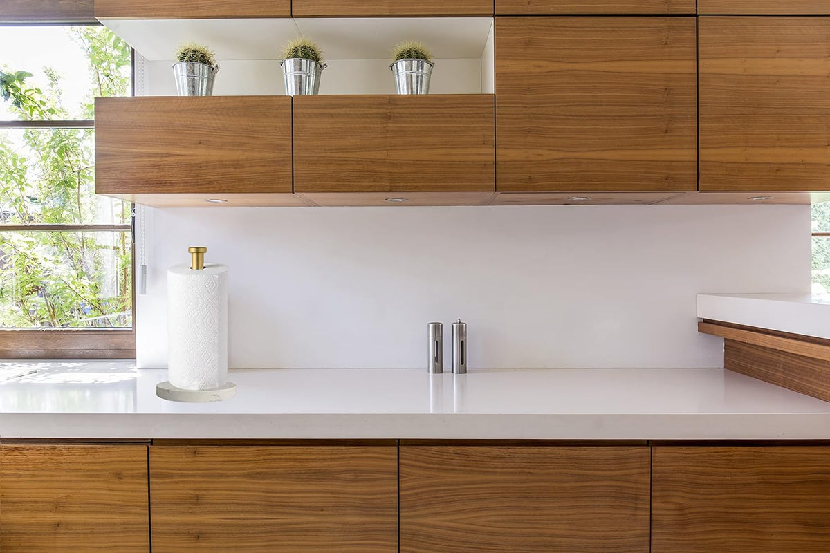 Paper Towel Holder Countertop, Standing Paper Towel Roll Holder for Kitchen Bathroom, with Weighted Marble Base for One-Handed Operation (Gold), Gold Paper Towel Holder, Marble