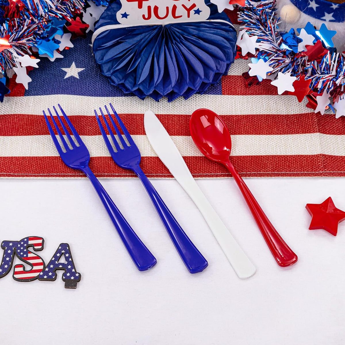 Liacere 200Pcs 4th of July Red Blue Disposable Plastic Silverware-Red Blue Plastic Cutlery - American Flag Patriotic Party Supplies include 100Forks 50Spoons 50Knives for Independence Day&Memorial Day