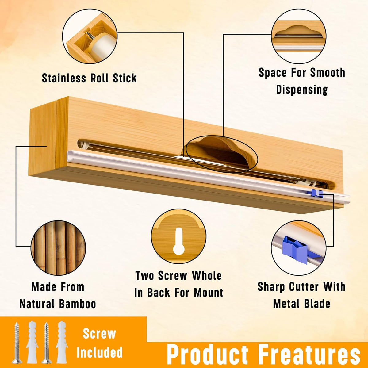 15'' Bamboo Plastic Wrap Dispenser with Cutter- Aluminum Foil Dispenser for Plastic Wrap, Parchment Paper Roll - Kitchen Wrap Dispenser with Cutter for Kitchen – Fits Up to 15'' Rolls