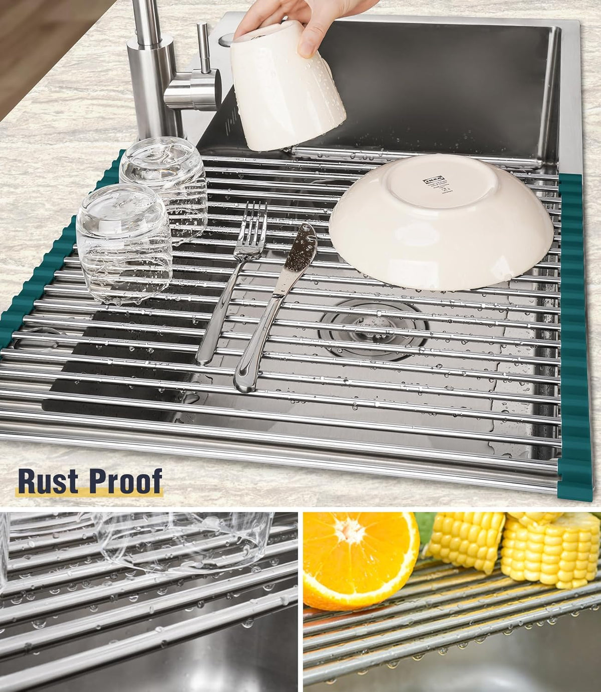 Tomorotec Stainless Steel Roll Up Dish Drying Rack, Foldable Over The Sink Rolling Drainer Rack, Multipurpose Kitchen Gadget Draining Caddy Organizer, Space Saving Sink Accessory Storage Shelf Holder