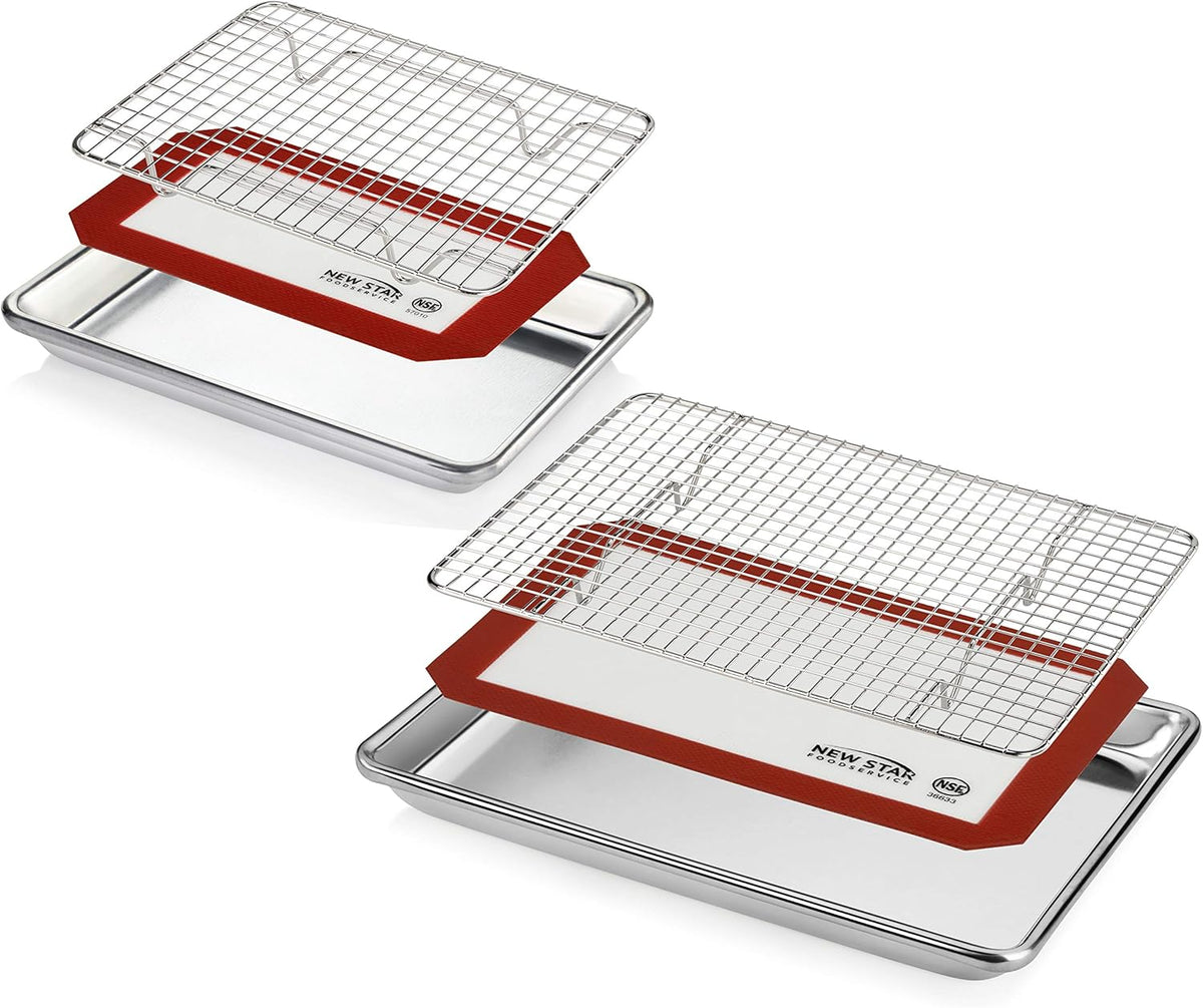 New Star Foodservice 1028768 Commercial-Grade Bun Pan/Baking Sheet, Baking Mat, Cooling Rack Combo, 1/8 and 1/4 Sizes Each
