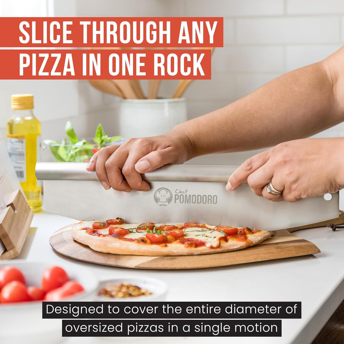 Chef Pomodoro 16 Inch Pizza Cutter Rocker Blade – Stainless Steel Rocking Pizza Cutter Knife with Cover – Professional Pizza Slicer – Large Pizza Rocker Knife for Big Pizzas and Flatbreads