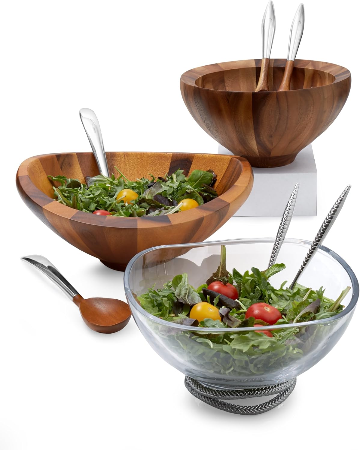 Nambe Butterfly Acacia Wood Salad Bowl with 2 Salad Servers | Made of Acacia wood Alloy | Large Deep Wooden Bowls | Acacia Wood Salad Bowl Set | Designed by Sean O’hara (16-in)