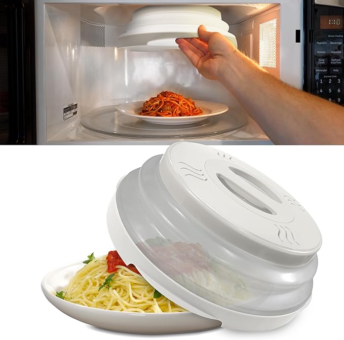 HOVER COVER Magnetic Microwave Splatter Cover with High Power, Strongest Magnetic Grip, Collapsible 12-Inch BPA-Free Food Lid, Vented Plate Guard, Dishwasher Safe, Space-Saving Storage - White
