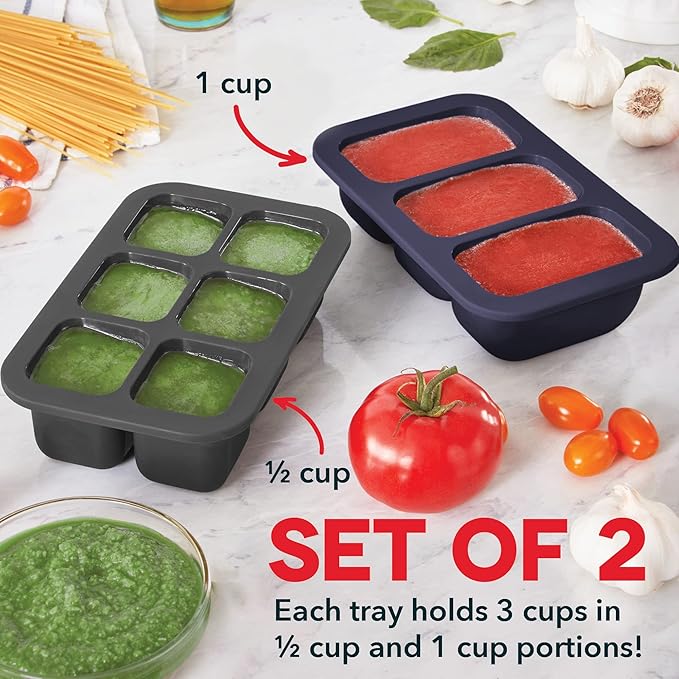 DASH Perfect Portion Silicone Freezer Trays for Ice Cubes, Soups, Sauces and More, 2 pack - Cool Grey & Midnight Navy