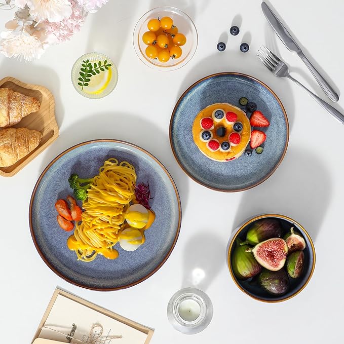 vancasso PLAYA Plates and Bowls Sets, 24 Pieces Grey-Blue Dinnerware Sets for Kitchen, Reactive Glaze Dishes Set for 8, Dishwasher and Microwave Safe