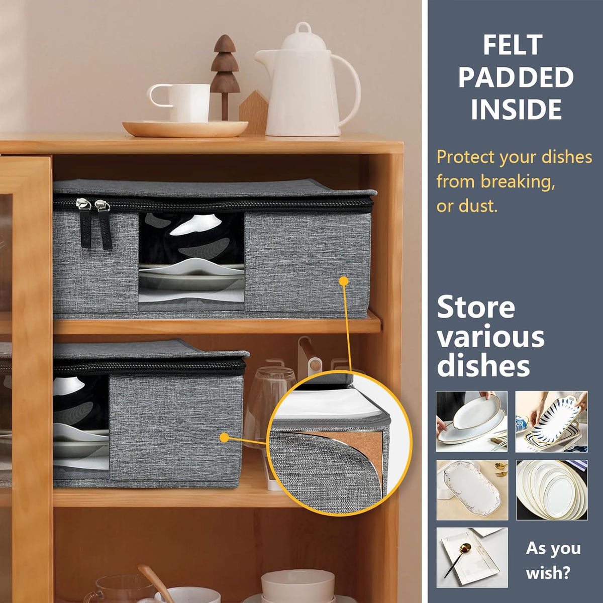 Platter Storage Case - Plate Storage Containers with PVC Windows,16.5“x12.6x5.5'', Stackable China Storage Containers Hard Shell,4 Felt Dividers Included for Dish,Plate, Dinnerware and Transport(Gray)