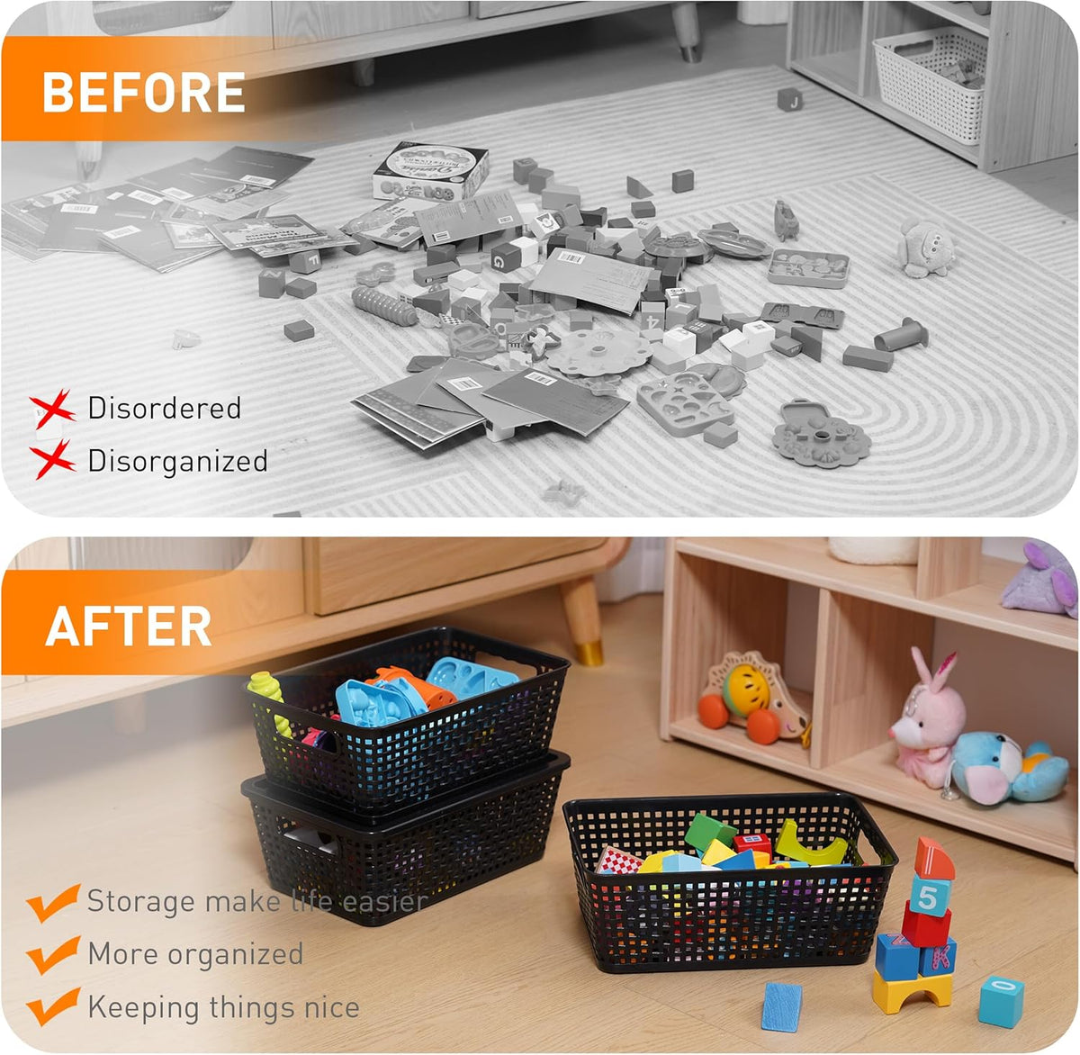 Plastic Storage Baskets With Lid, Storage Bins for Organizing, Stackable Decorative Containers for Shelves Drawers Desktop Closet Playroom Classroom Office, 8 Pack-Black