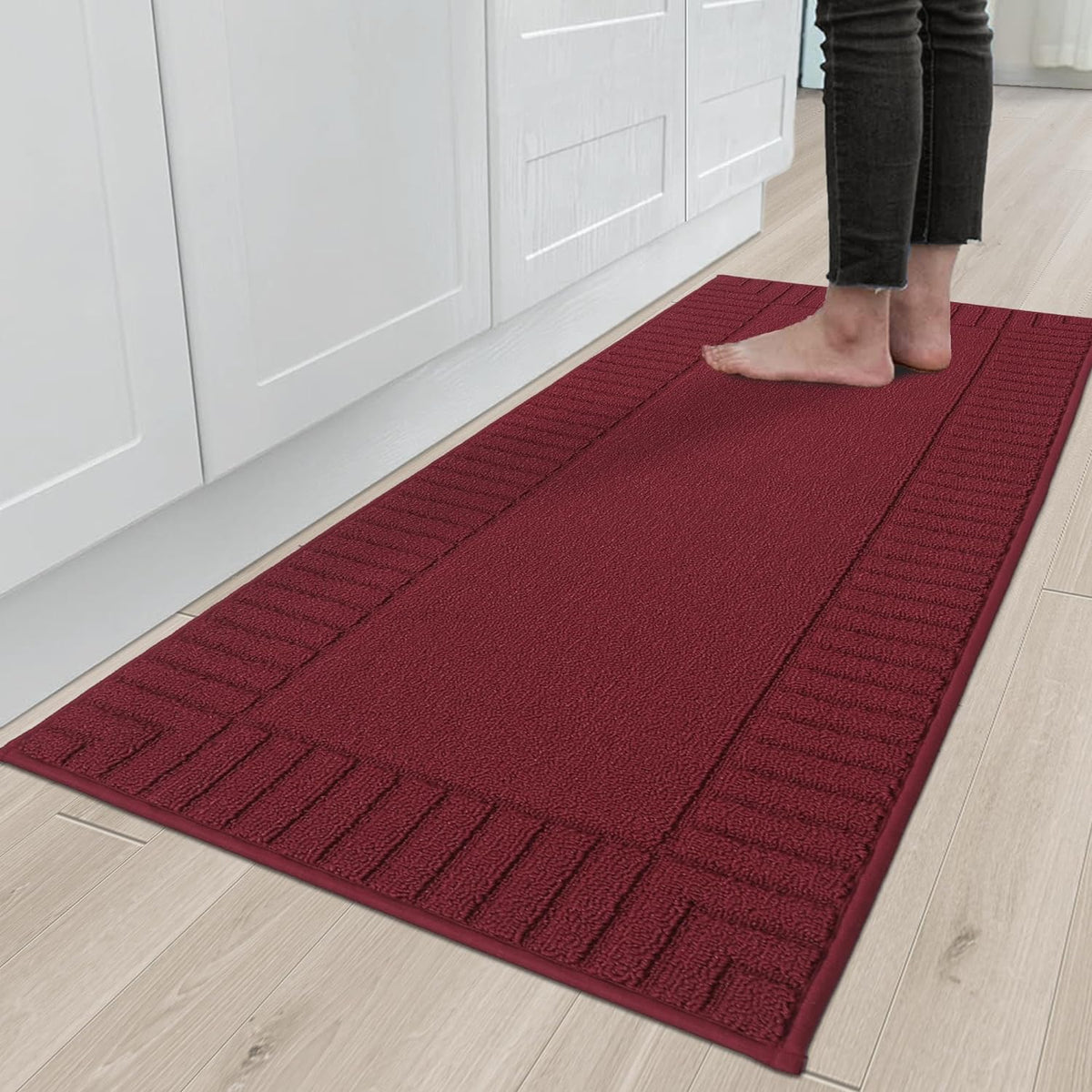 BEQHAUSE-Kitchen-Rugs-and-Mats Non Skid Washable Kitchen Mats for Floor Red Kitchen Rug Polypropylene Kitchen Mat with TPR Backing 24”x60”
