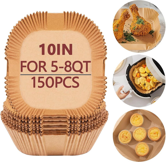 150 Pack 10 Inch Air Fryer Liners, Parchment Paper Sheets for Air Fryer Basket, Non-Stick, Disposable, Unbleached, Heat Resistant, Fits 5-8 QT Air Fryers, Oil-Free & Healthy Cooking
