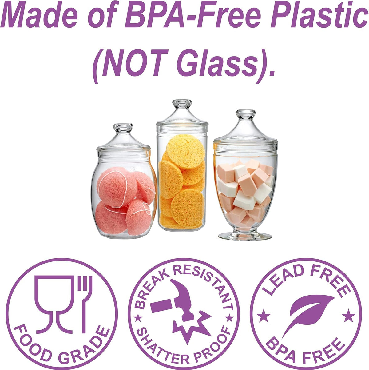 Amazing Abby - Adore - Plastic Apothecary Jars (3-Piece Set, 52/46/46 oz), Acrylic Jars with Lids, Bathroom Canisters, Candy Buffet, Wedding Display, BPA-Free and Shatter-Proof (NOT Glass)