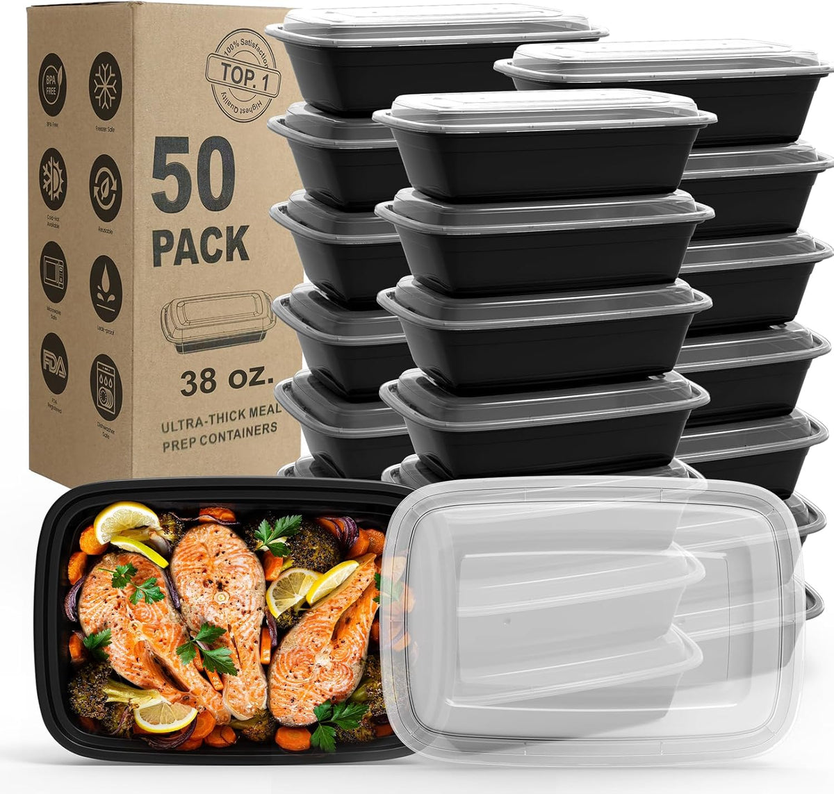 WGCC Meal Prep Containers, 50Pack [38OZ] Food Storage Containers With Lids, Reusable Food Prep Containers, To Go Containers With Lids, BPA-free, Stackable, Microwave/Dishwasher/Freezer Safe