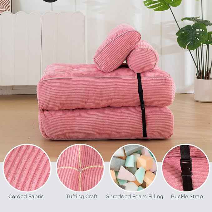 MAXYOYO Folding Sofa Bed, Convertible Sleeper Chair with Pillow Foldable Mattress with Back Support, Portable Fold Out Chair Bed Comfy Floor Sofa Lounge for Living Room Bedroom, Pink, Single