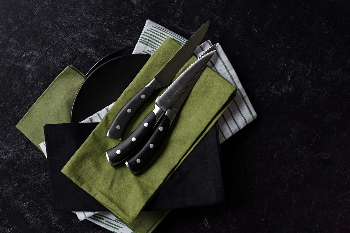 8-Piece Serrated Kitchen Steak Knife Set – Forged High Carbon Stainless Steel, Ultra Sharp, Ergonomic Black Handles, Durable Dinner Knives, Black Handle