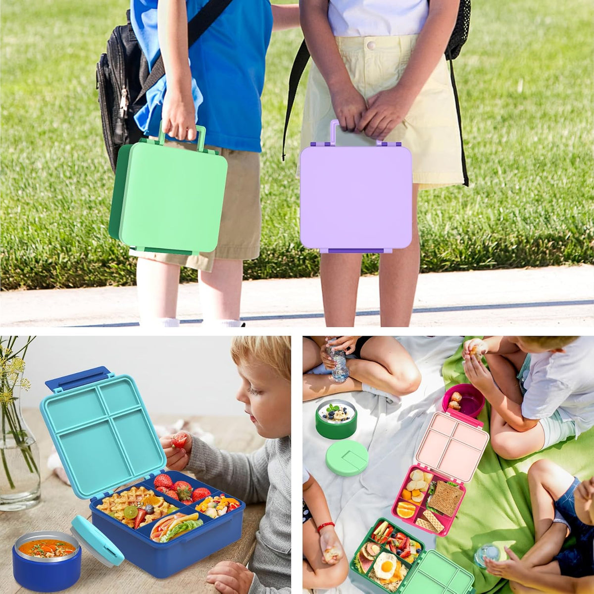 Bento Lunch Box with 8oz Soup Thermo, Leak-Proof Lunch Containers with 4 Compartment, Thermo Hot Food Jar and Insulated Lunch Box for School Purple