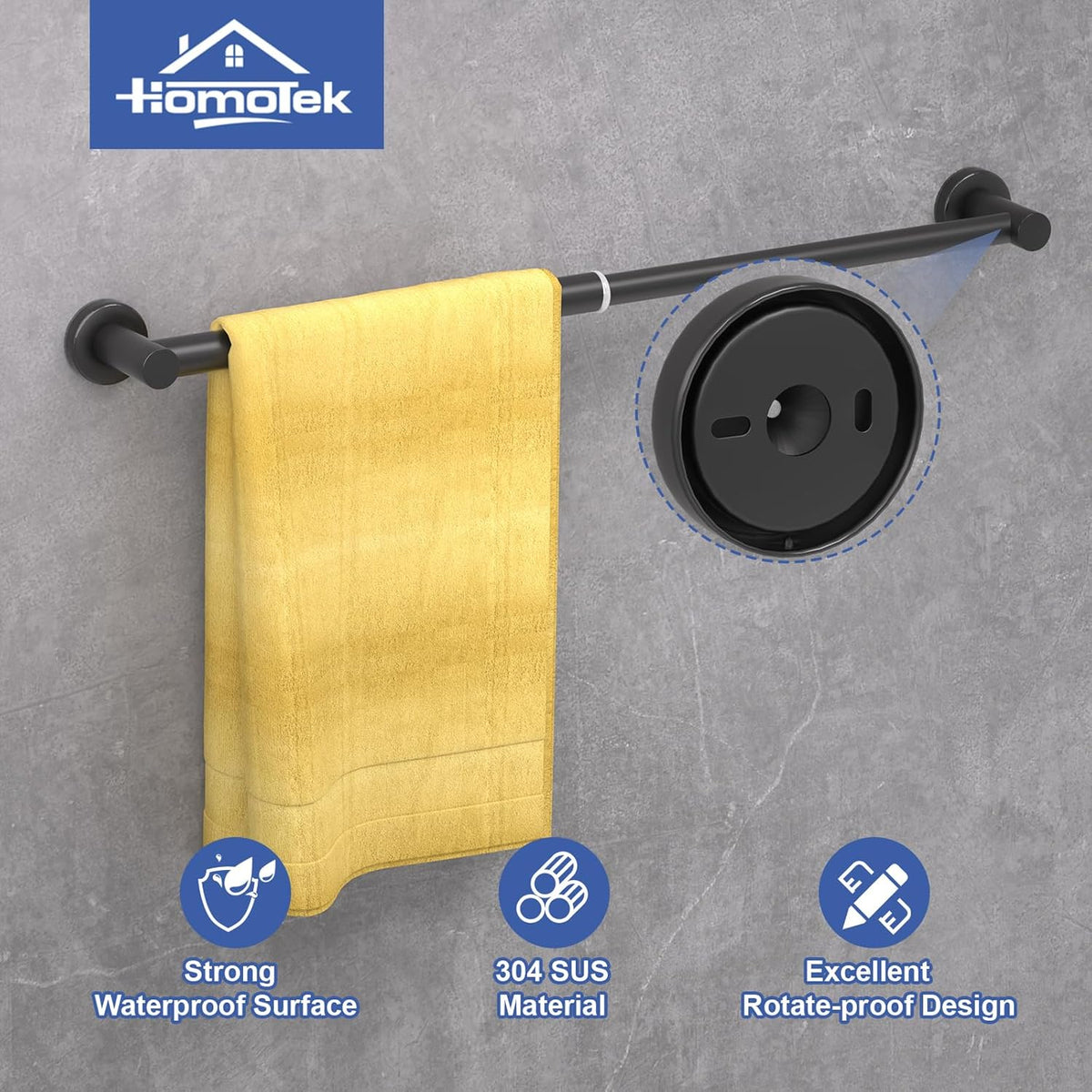 Towel Bar Adjustable Bathroom Towel Holder, HOMOTEK Size from 14 Inch to 24.5 Inch Single Towel Racks, Towel Hanger Hook for Bathroom, Kitchen(Thickened 1 Pack Matte Black)