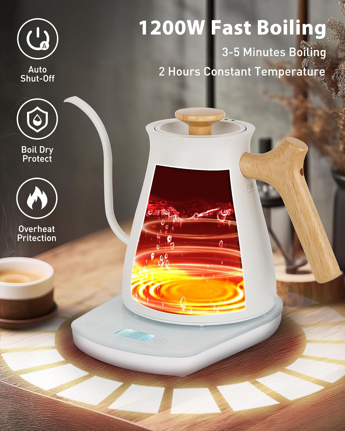 Harriet Gooseneck Electric Kettle - 1200W Fast Heat, 0.8L Stainless Steel, Precision Temp Control & Timer, Wood Handle, Pour Over Coffee and Tea, White