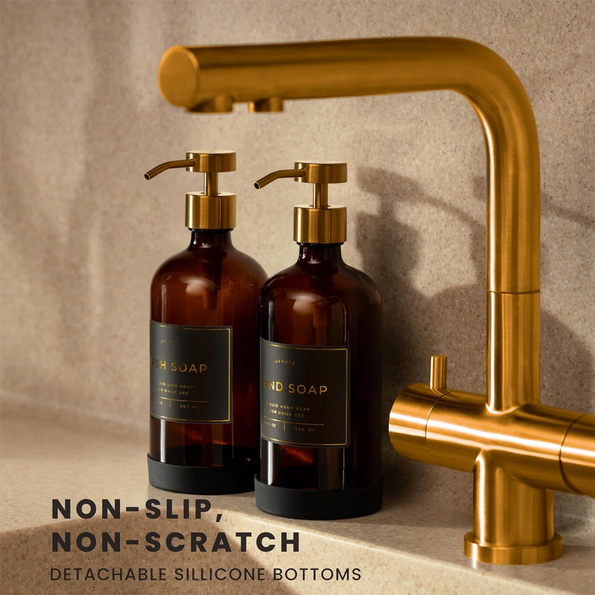 16oz Glass Soap Dispenser with Stainless Steel Pump, 21 Waterproof Labels, Non-Slip Protective Silicone Pad, Set of 2 for Bathroom & Kitchen (Amber Bottle/Brushed Gold Pump)