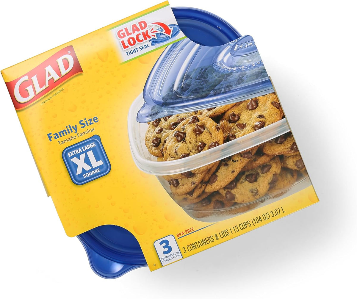 Glad GladWare Family Size Food Storage Containers, XL Square - Meal Container Holds up to 104 Ounces of Food - Lock Tight Seal, 3 Count - 3 Pack