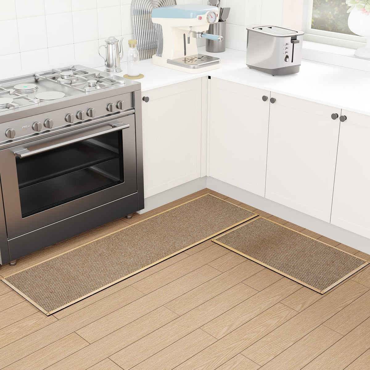 Kitchen Mat Set of 2 PCS, Cushioned Non Slip Rugs for Kitchen Floor, Absorbent Runner Comfort Standing Mats Washable for Kitchen, Office, Home (Brown, 17.3"x30"+17.3"x60")