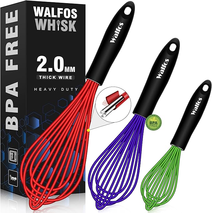 Walfos Whisk,7+9+11in Silicone whisk, BPA free Whisks for Cooking Non Scratch. Heat Resistant(480°F) Wisk. Perfect for Blending, Mixing, Beating etc.Dishwasher Safe.Set of 3 (Colorful)