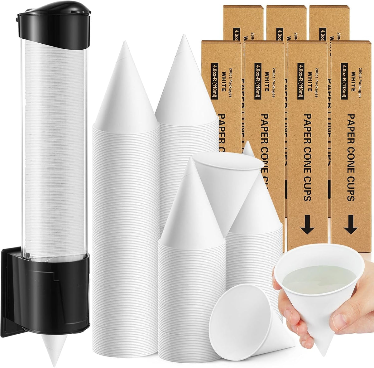 Roshtia 1400 Pcs 4 oz Paper Cone Cups Thicken Disposable with 1 Cups Dispenser Pull Type Wall Mount Cup Holder Paper for Restaurants, Home, and Office, and Shaved Ice, Cold (Black)