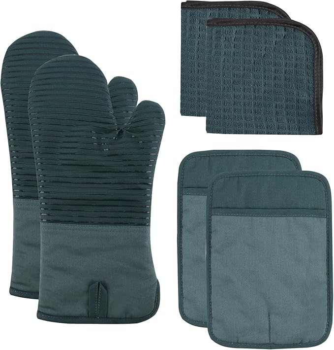 COOK WITH COLOR Silicone Oven Mitts- Heat Resistant Gloves with Soft Quilted Lining Oven Mitt Pot Holders for Cooking and BBQ, Teal, Material Mitt Set
