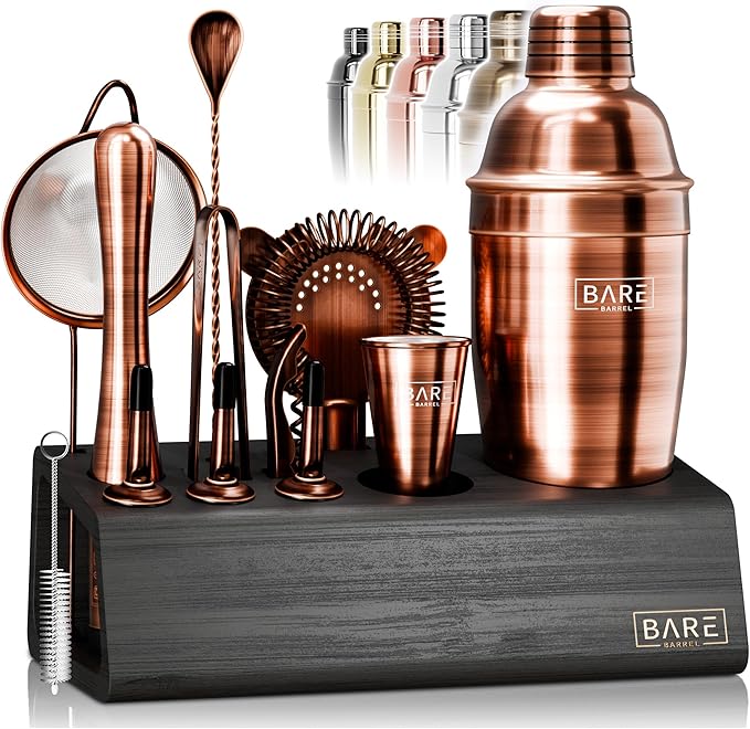 BARE BARREL® Mixology Bartender Kit Bar Set | 14-Piece Cocktail Shaker Set | Martini Barware Mixing Tools for Home Bartending | Incl. 35 Recipe Cards | Gift Set (24oz Cobbler Shaker, Copper/Black)