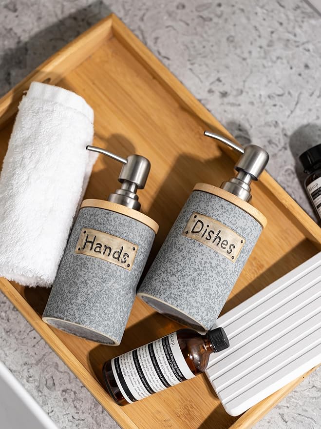 Hand and Dish Soap Dispenser Set, Ceramic Kitchen Soap Dispenser for Bathroom Lotion, Body Wash, Includes Instant Dry Tray, Collapsible Funnel, 15 Oz, Gray