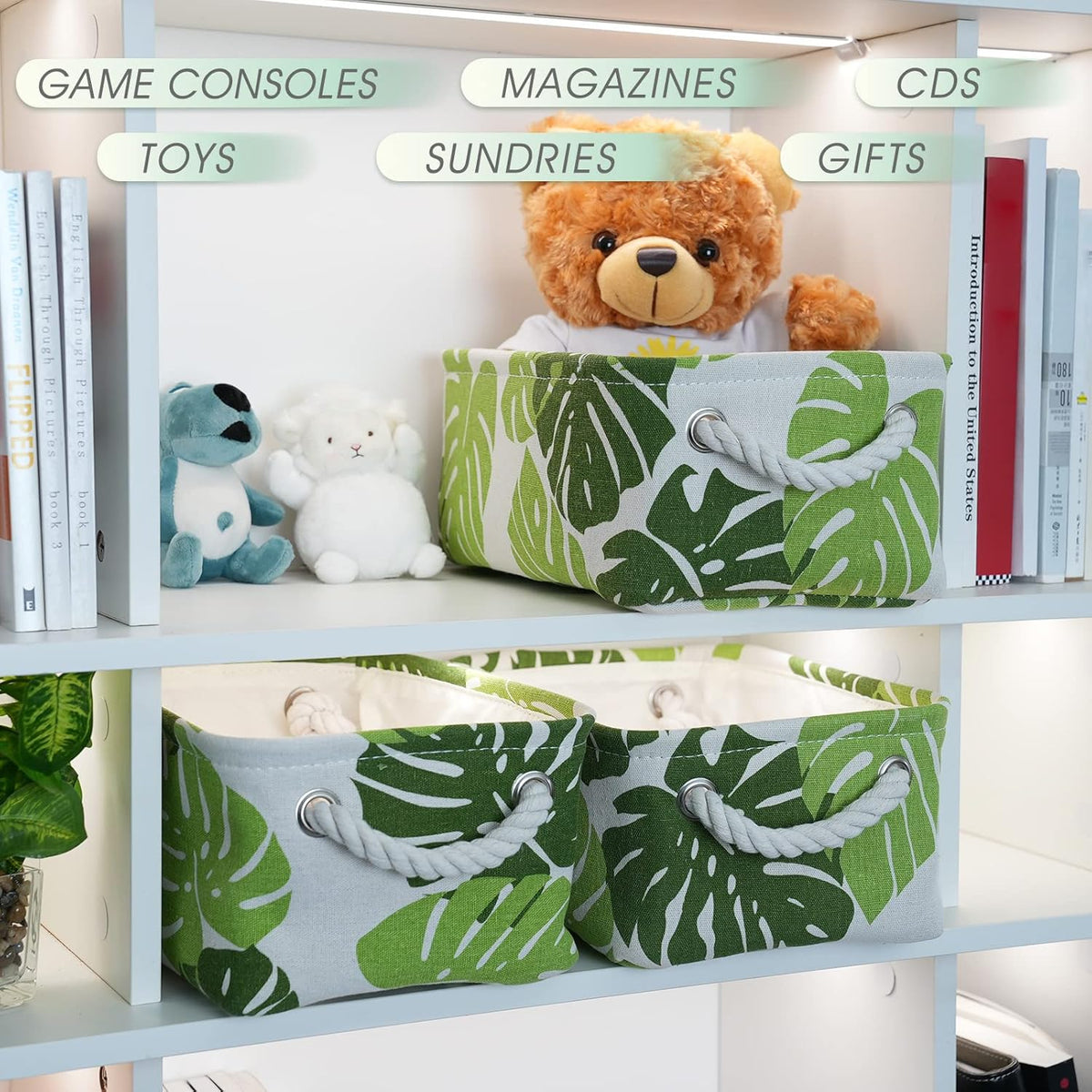 Storage Cubes, Storage Bins Baskets for Organizing 6 Pack for Organizing Toys, Clothes, Closet Baskets with Rope Handles for Nursery Home(White and Green,12"L×8"W×5"H)