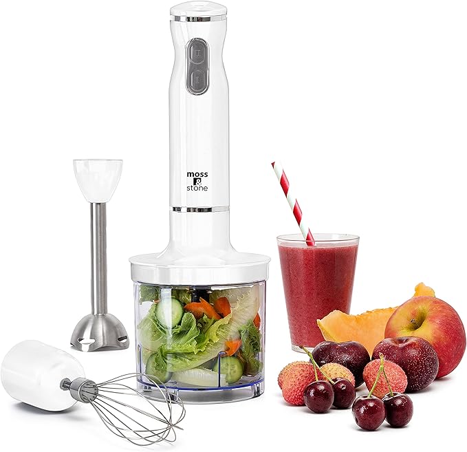 Moss & Stone Hand Blender With Egg Whisk & Chopper, Powerful 300 Watt - Stick Blender, Hand Mixer Set Stainless Steel Shaft & Blades, White Handheld Blender With Ergonomic Handle