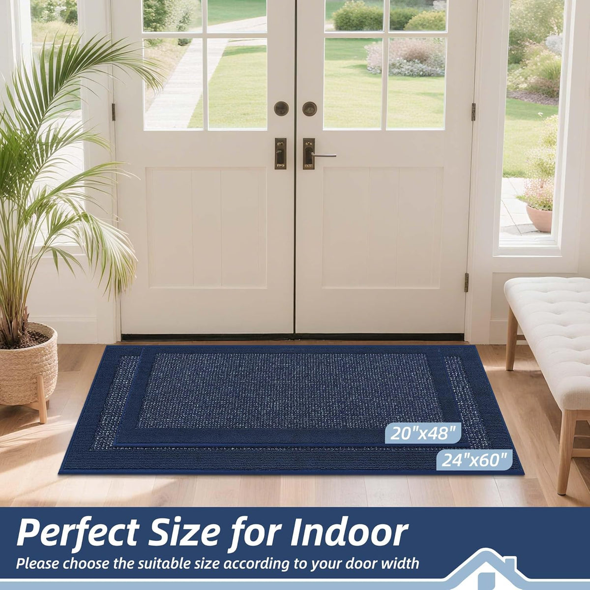 BEQHAUSE Indoor Door Mat 24" x 60", Dirt Trapper Door Mats Non-Slip Entryway Rugs Washable, Resist Dirt Absorbent Welcome Mat, Low Profile Floor Mats for Front Back Door and Entryway, Blue