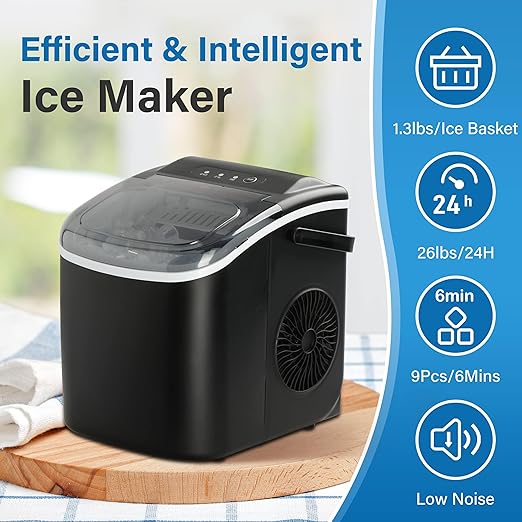 Simple Deluxe Ice Maker for Countertop, Self-Cleaning, Portable Ice Machine with Scoop and Basket, 26lbs Ice/24Hrs, 6 Mins 9 Bullet Ice, 13.7lbs, for Home Kitchen Office, Black